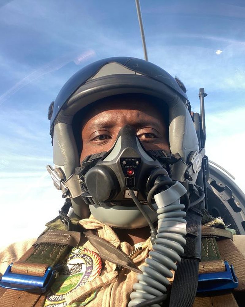 Air Vice Marshal Abraham O. Adole (Rtd.) in the cockpit of a military jet