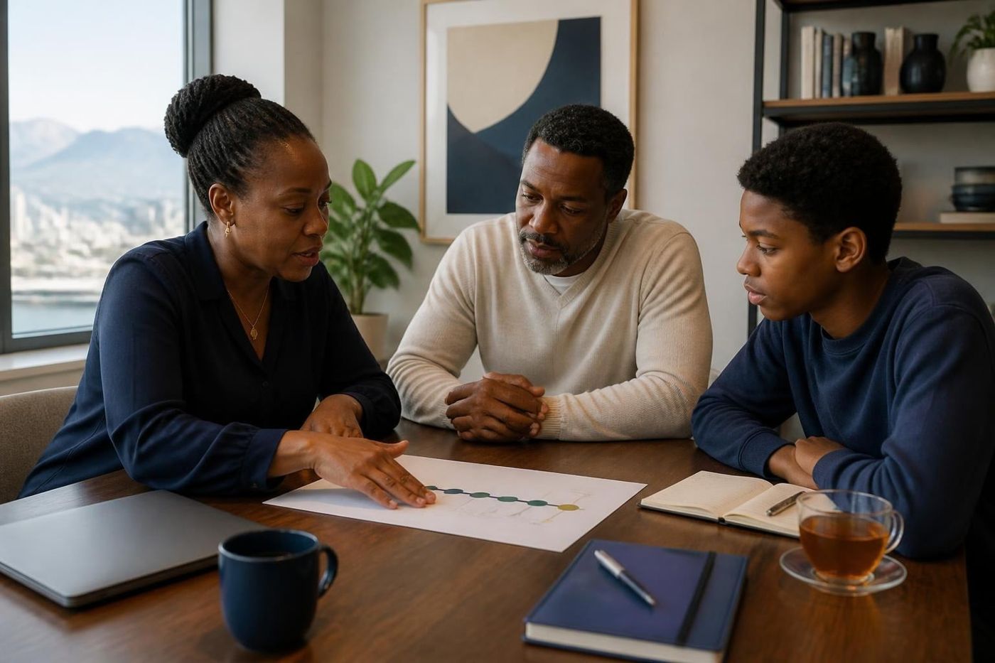 An education consultant talks a parent and teenage son through a printed academic roadmap